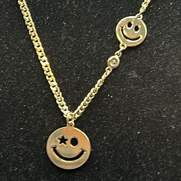 Double Happy Face Gold Tone Necklace, 18” - Picture 2 of 6